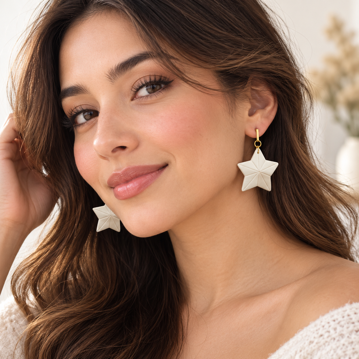 Freedom Sea Star Polymer Clay Earrings - Colour White & Beige