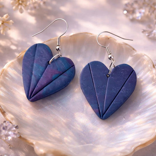 blue heart energy earrings handmade spiritual jewelry front view