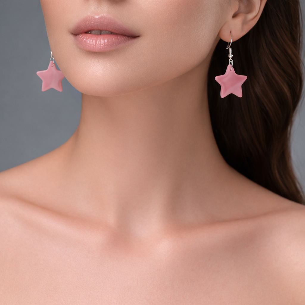woman wearing pink star earrings elegant spiritual jewelry