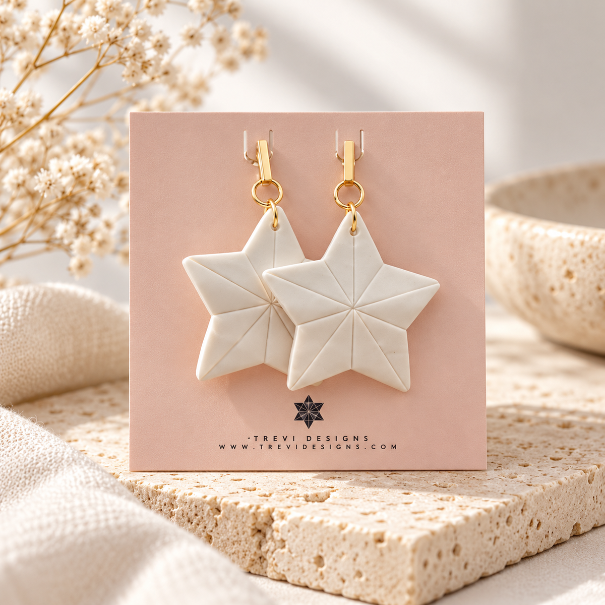 Freedom Sea Star Polymer Clay Earrings - Colour White & Beige