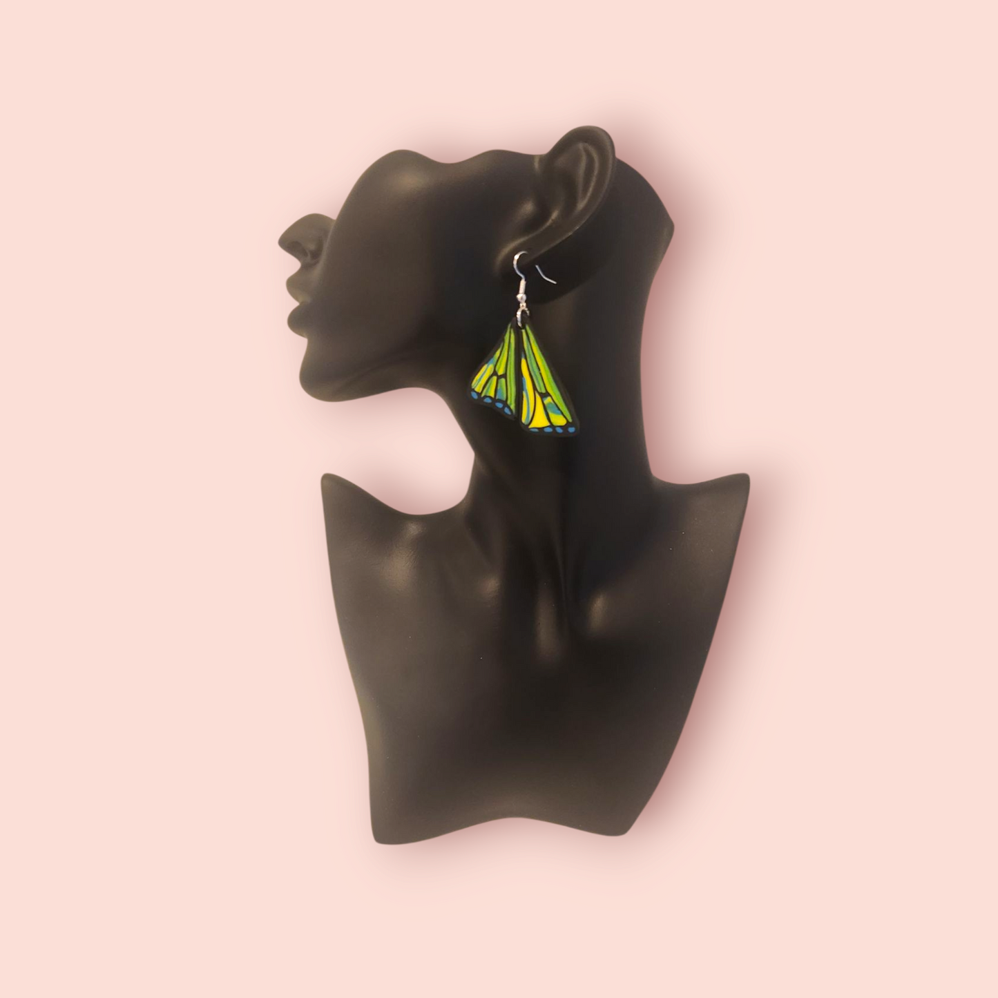 Green and yellow butterfly earrings.