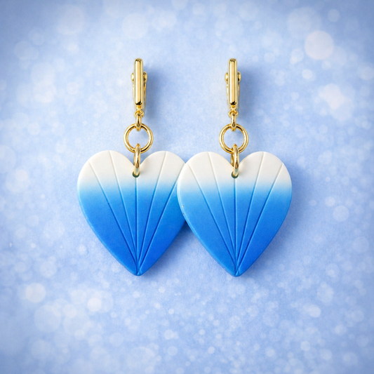 blue gradient heart earrings handmade polymer clay jewelry front view.