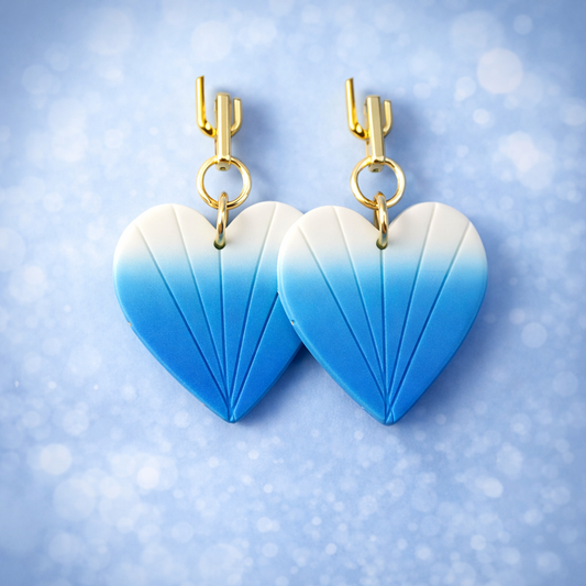 blue gradient heart earrings handmade polymer clay jewelry front view