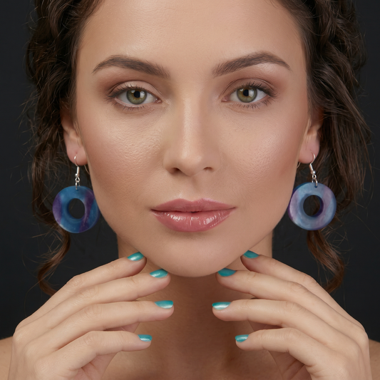 blue purple infinite ring earrings on model spiritual jewelry