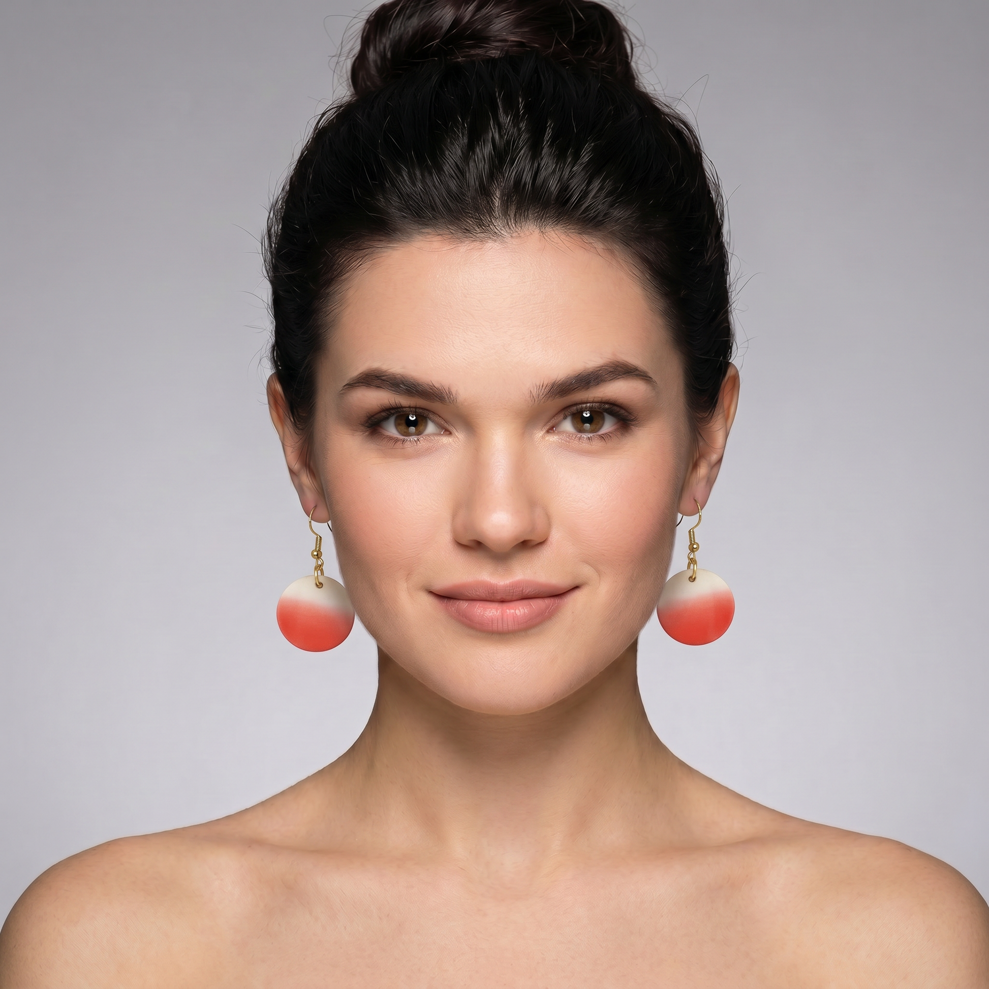 close up circle life earrings on woman minimalist jewelry.