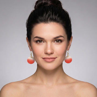 close up circle life earrings on woman minimalist jewelry.