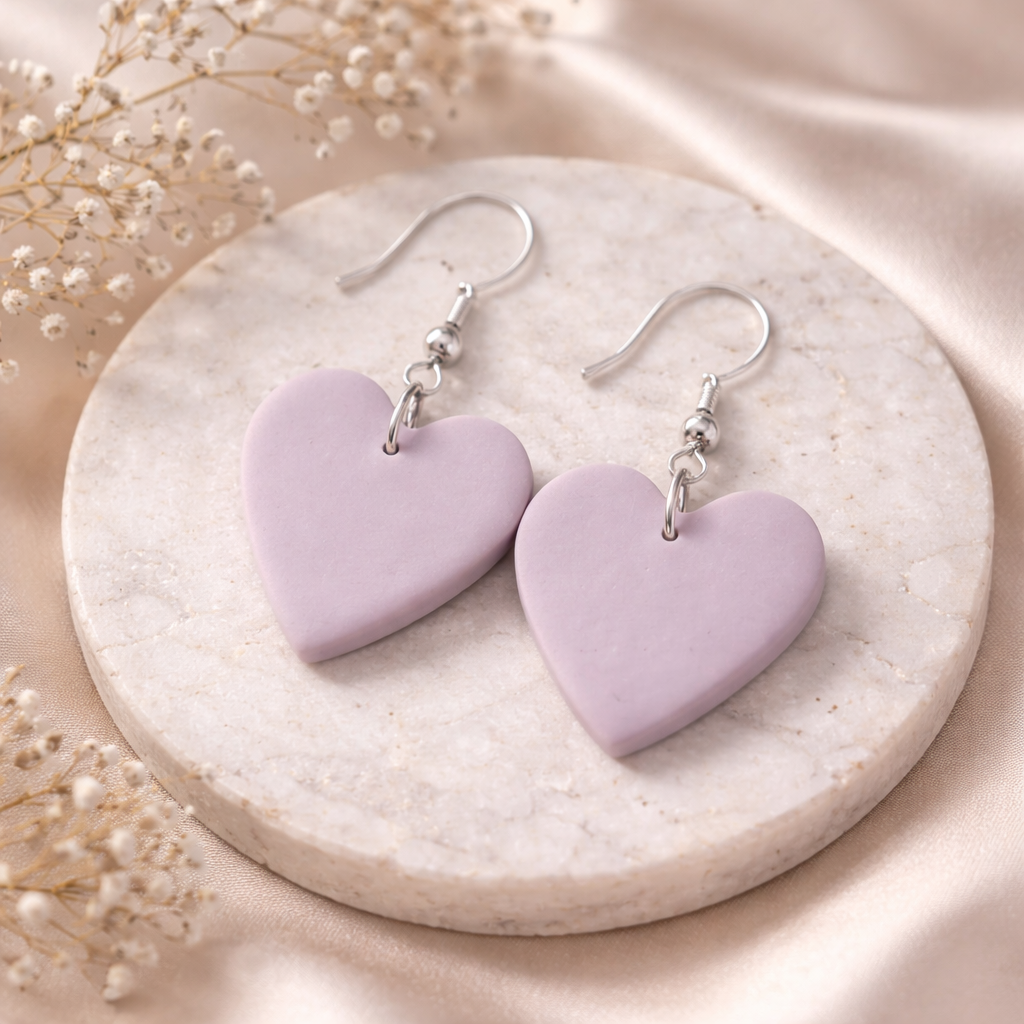 lavender heart earrings handmade polymer clay minimalist spiritual jewelry