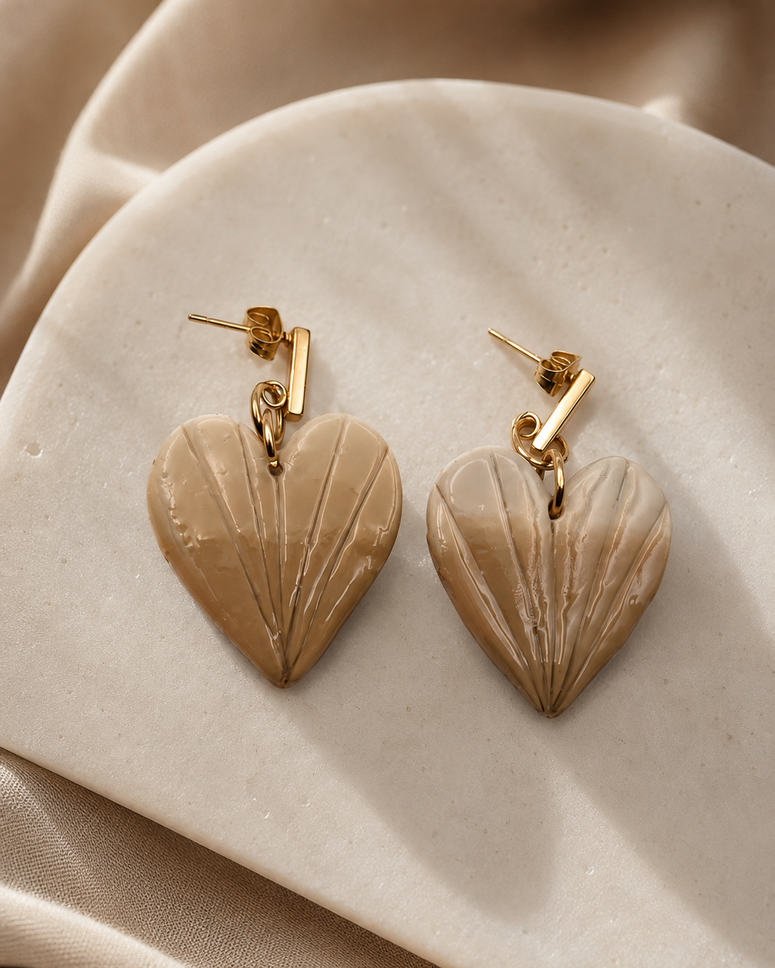 Love Big Heart Earrings Polymer Clay Handmade Color Beige