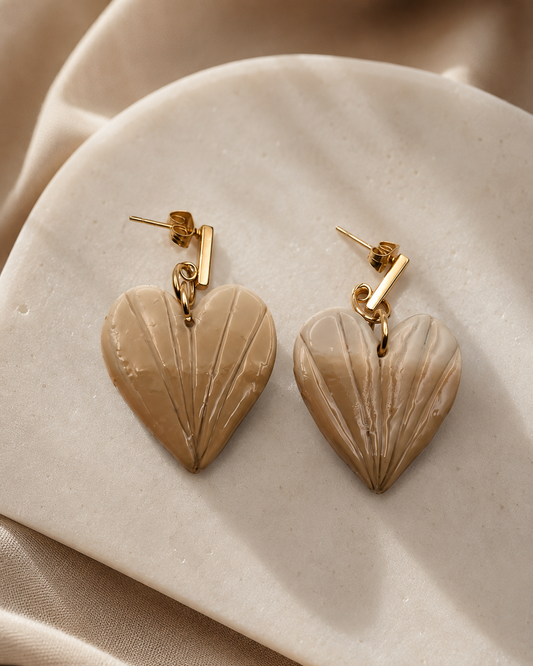 Love Big Heart Earrings Polymer Clay Handmade Color Beige
