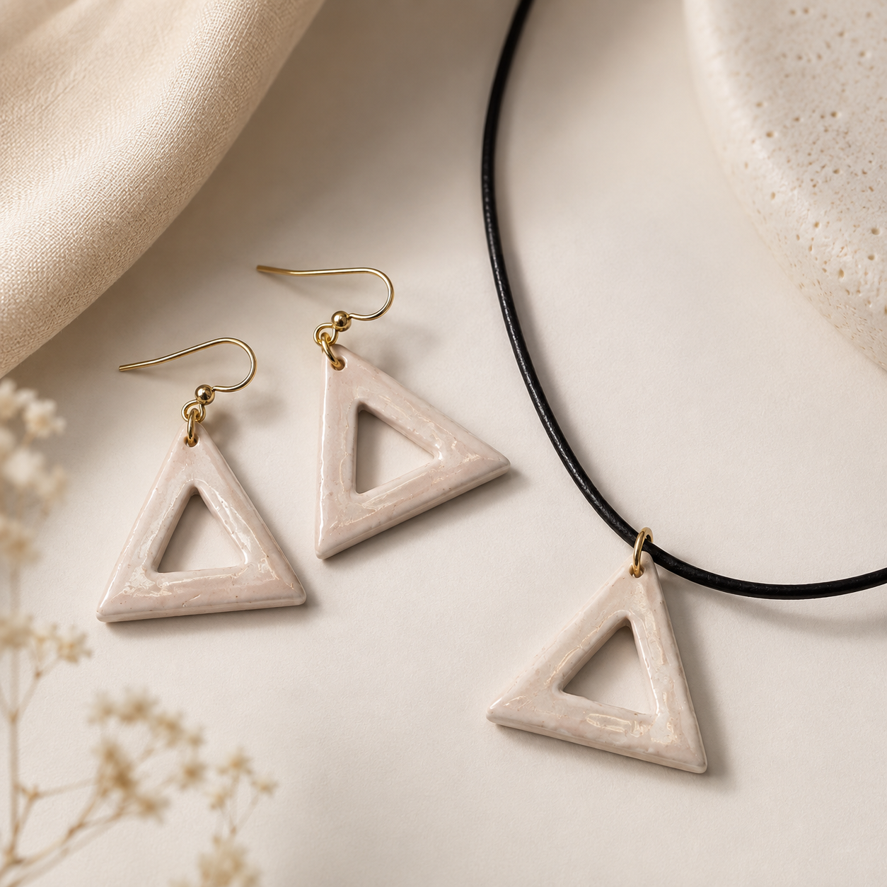 Abundance prosperity triangle - Polymer Clay Earrings and necklace set - Colour White