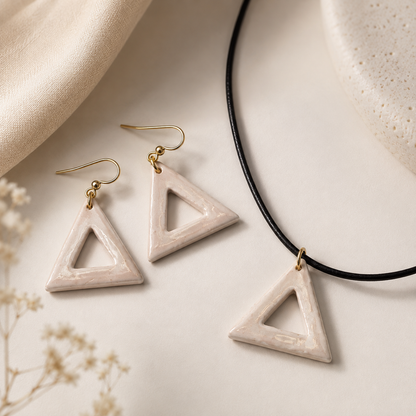 Abundance prosperity triangle - Polymer Clay Earrings and necklace set - Colour White