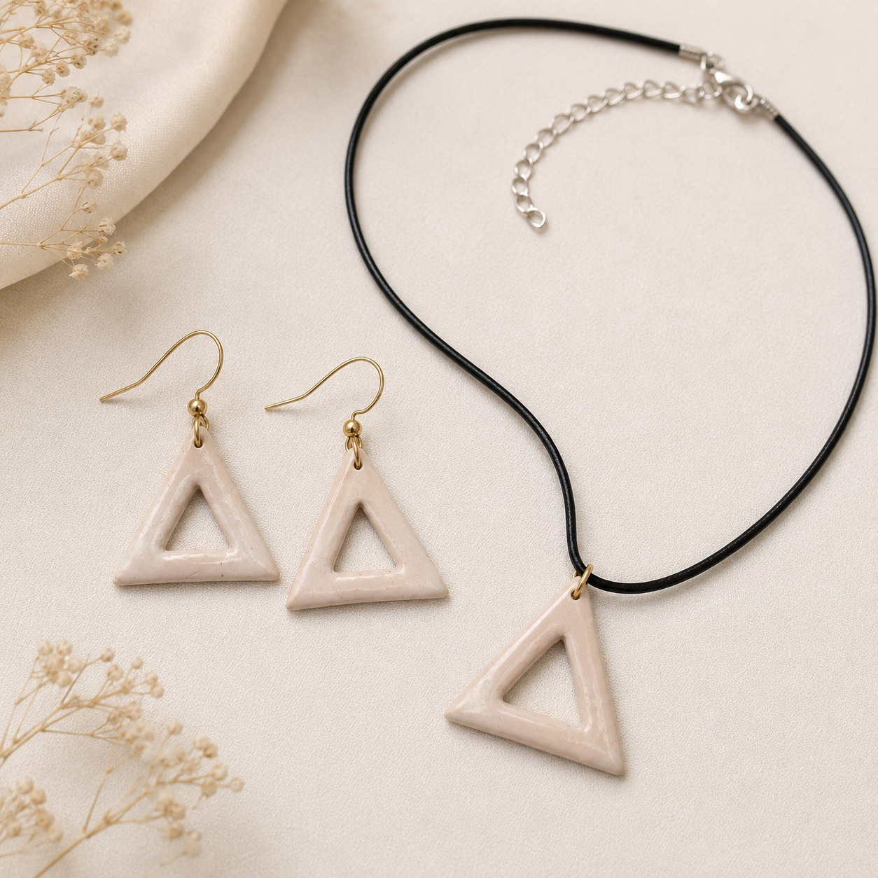 Abundance prosperity triangle - Polymer Clay Earrings and necklace set - Colour White