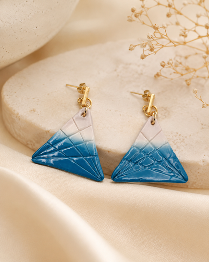 Alignment triangle grid polymer clay earrings blue