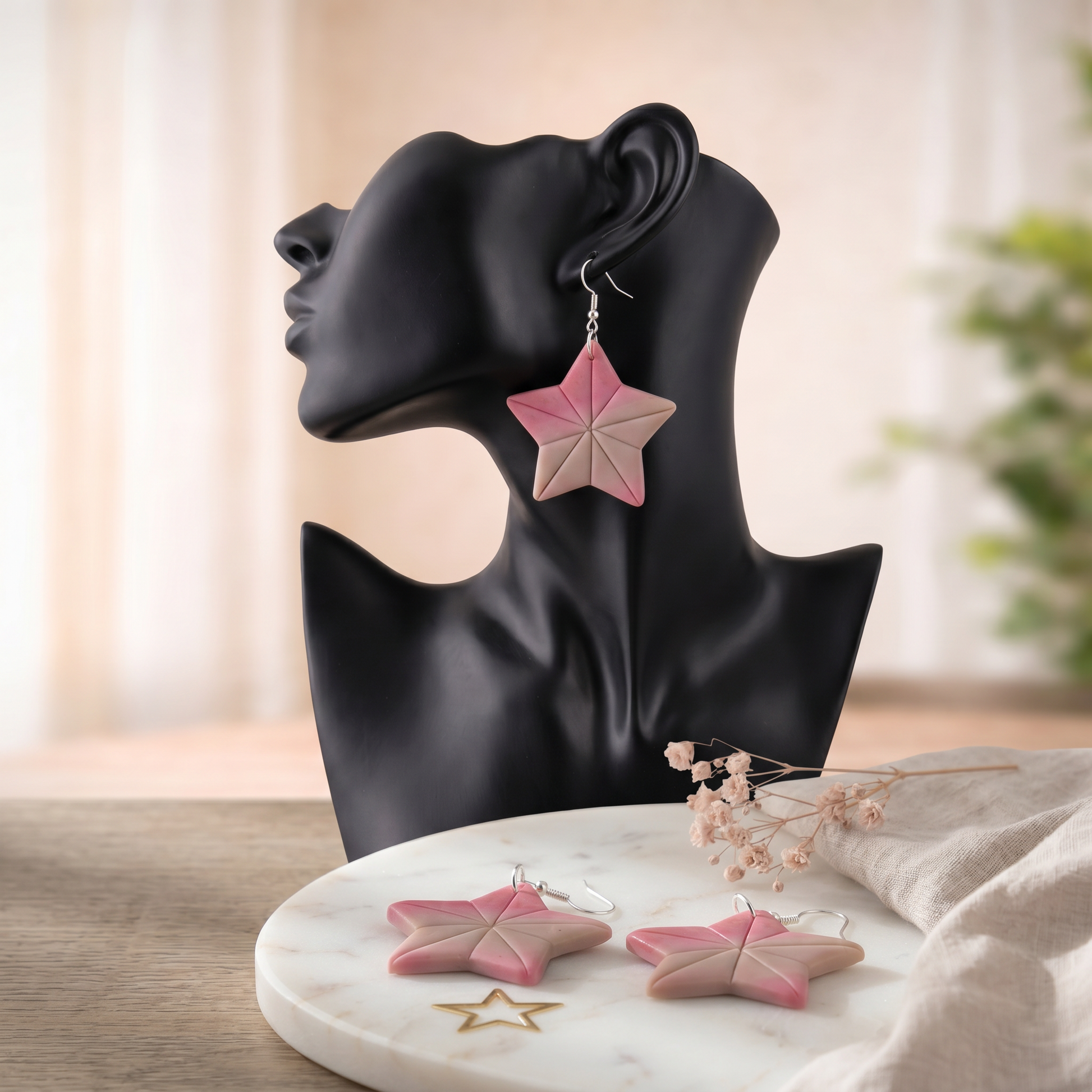 sea star earrings on black mannequin elegant handmade jewelry