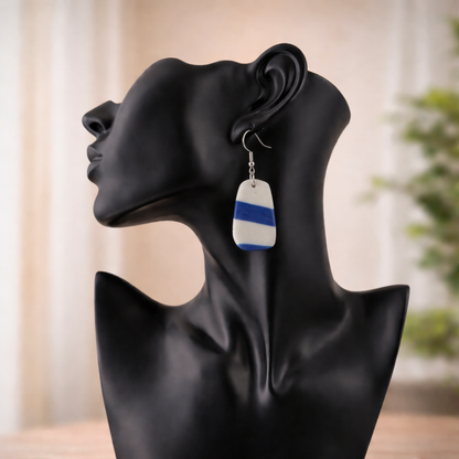 soft rectangle earrings on black mannequin blue white handmade jewelry