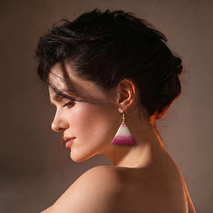 Woman wearing triangle grid earrings modern geometric jewelry