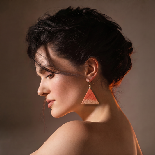 Triangle grid earrings worn by woman geometric handmade jewelry.