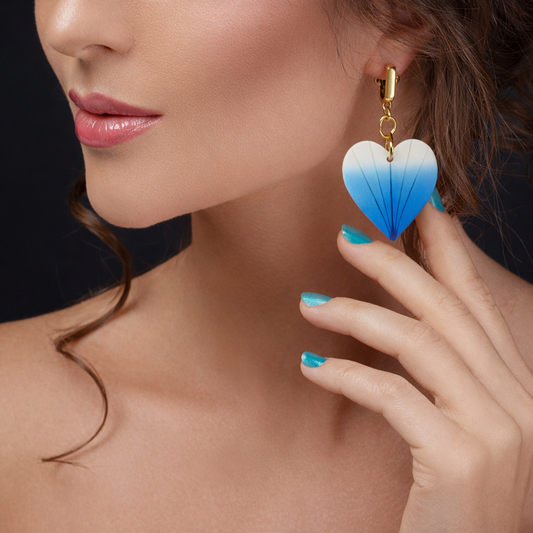 blue gradient heart earrings worn model lightweight statement jewelry